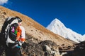Woman hiking with backpack in Himalaya Mountains. Trekking to Everest Base Camp. Royalty Free Stock Photo