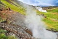 Woman hiking in beautiful geothermal landscape in Iceland