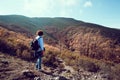 Woman hiking in beech forest in Autumn time Royalty Free Stock Photo