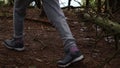 A woman in hiking boots overstep a tree in the forest. Girl in winter trackers