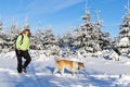 Woman hiking with dog in winter mountains Royalty Free Stock Photo