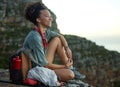 Woman, hiking and mountain top for happiness and wellness and adventure in south africa. Female hiker, smile and cliff