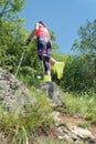 Woman hiking in the mountains, adventure and exercise. Nordic walking legs and poles in summer nature. Royalty Free Stock Photo