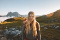 Woman hiking in mountains travel adventure healthy lifestyle Royalty Free Stock Photo