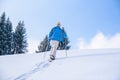 Woman is hiking with snowshoes on snow trail in winter landscape of forest in Oberstdorf, Bavaria Alps in South of Germany. Royalty Free Stock Photo