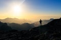 Woman hiking success silhouette in mountains sunset Royalty Free Stock Photo