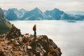 Woman hiking travel in Norway adventure active vacations outdoor healthy lifestyle journey aerial fjord view Royalty Free Stock Photo