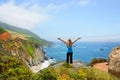 Woman on hiking trip enjoying beautiful summer mountains, coastal landscape, Royalty Free Stock Photo