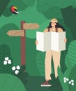 Woman a hiking trip holding map in hands, near the pointer. Wild jungles, green leaves, flora and fauna. Flat style