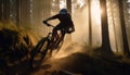 woman dark cycling forest nature bike sport bicycle sunset summer walking. Generative AI.