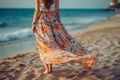 woman hippie person lifestyle sea fashion outfit beach dress beautiful summer. Generative AI.