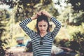 Woman Hipster with sunglasses Fashion Style Lifestyle Concept, wearing a black and white striped t-shirt. Royalty Free Stock Photo