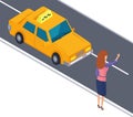 Woman hitchhiking taxi automobile on city town street. Girl waves her hand to stop car on roadway