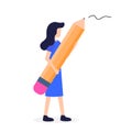 Woman Hold Big in Hand Pencil Writer Stationery