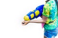 Woman hold Big Water guns for water spray the water party in The traditional Thai New Year Songkran Royalty Free Stock Photo