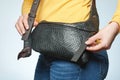 Woman hold black leather handbag Royalty Free Stock Photo