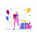 Woman hold gift and balloons. Dancing on party. Happy girl with colorful confetti and presents, fun festival people on birthday,