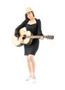 Woman hold guitar guitar folk song in her hand