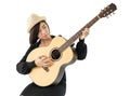 Woman hold guitar guitar folk song in her hand