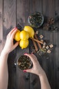 Woman hold in hands glass cup tea