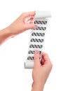 Woman Hold in Her Hands Roll of Paper With Printed Receipt. Zero symbols