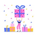Woman hold huge gift. Dancing on party. Happy girl with colorful confetti and presents, fun festival people on birthday, colored
