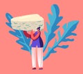 Woman Hold Huge Piece of French Roquefort Cheese with Blue Fungus, Delicatessen Production, Tiny Female Character