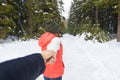 Woman Hold Man Hand Romantic Couple Snow Forest Outdoor Winter Walk Royalty Free Stock Photo