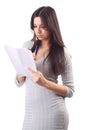 Woman hold pages of paper. Office worker Royalty Free Stock Photo