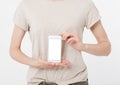 Woman hold phone - cropped image , blank screen cellphone , copy space