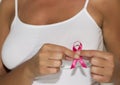 Woman hold pink ribbon for breast cancer awareness Royalty Free Stock Photo