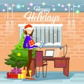 Woman Hold Present Box Messaging Online Cell Phone Merry Christmas And Happy New Year Royalty Free Stock Photo