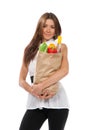 Woman hold shopping paper bag full groceries Royalty Free Stock Photo