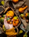 Woman hold small pumpkin in hand opposite the assorted small colorful pumpkins