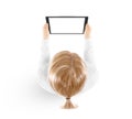 Woman hold tablet pc mockup in hand top view isolated