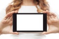 Woman hold tablet PC on white