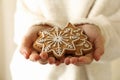 Woman hold tasty Christmas cookie, close up Royalty Free Stock Photo