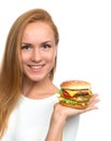 Woman hold tasty unhealthy burger sandwich with cheese Royalty Free Stock Photo