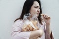 A woman hold the whole of rice cracker Royalty Free Stock Photo