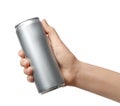 Woman holding aluminum can with beverage on white background, closeup. Royalty Free Stock Photo