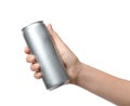 Woman holding aluminum can with beverage on white background, closeup. Royalty Free Stock Photo