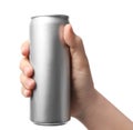 Woman holding aluminum can with beverage on white background, closeup. Royalty Free Stock Photo