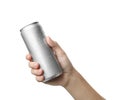 Woman holding aluminum can with beverage on white background, closeup. Royalty Free Stock Photo