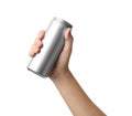 Woman holding aluminum can with beverage on white background, closeup. Royalty Free Stock Photo