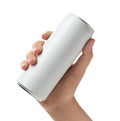 Woman holding aluminum can with beverage on white, closeup. Mockup for design Royalty Free Stock Photo