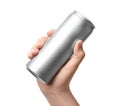 Woman holding aluminum can with beverage on white, closeup. Mockup for design Royalty Free Stock Photo