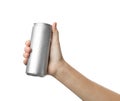 Woman holding aluminum can with beverage on white, closeup. Space for design Royalty Free Stock Photo