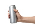 Woman holding aluminum can with beverage on white Royalty Free Stock Photo