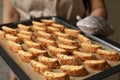 Woman holding baking tray with tasty cantucci, closeup. Traditional Italian almond biscuits Royalty Free Stock Photo