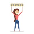 Woman holding banner with five stars on it. Royalty Free Stock Photo